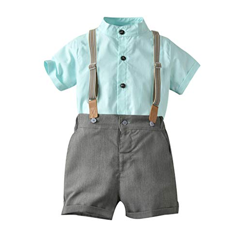 Baby Boys 2Pcs Gentleman Suit Outfits Clothes Set for Little Kids Toddler Short Sleeve Shirt+Striped Suspenders Shorts (Mint Green, 12-18 Months)