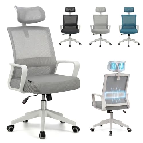 duehome | Silla de Oficina Ergonómica, Silla de Escritorio, Modelo Dafne, Acabado en Gris y Blanco, Medidas: 55 cm (Ancho) x 51 cm (Largo) x 111-121 cm (Alto)