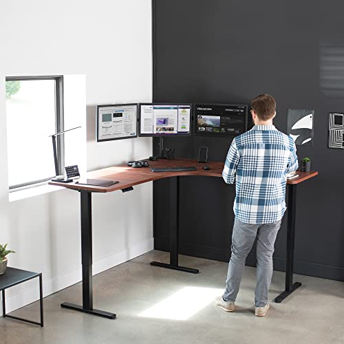 Image of VIVO Electric Height Adjustable 71 x 71 inch Curved Corner Stand Up Desk, Dark Walnut Table Top, Black Frame, Memory Controller, L-Shaped Workstation, E3C Series, DESK-KIT-E3CBD