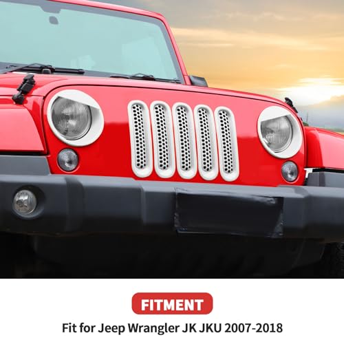 Image of Mesh Grille Grill Insert+Headlight Turn Light Cover Trim Fit for 2007-2018 Jeep Wrangler JK JKU(White,Style A)