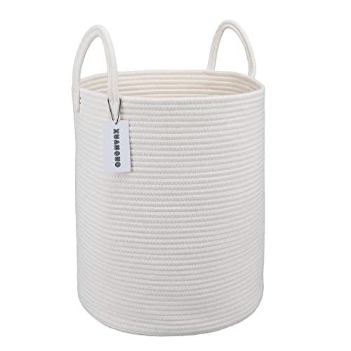 XUANGUO Cotton Rope Laundry Basket Hamper for Clothes Decorative Woven Storage Basket for Living Room Bedroom Boho Tall Rope Baskets for Blanket Toys Baby Nursery Hamper Bin Large white