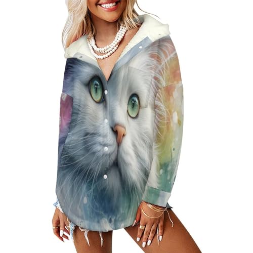 Blouson hiver femme chat blanc gris veste polaire mi-longue à capuche