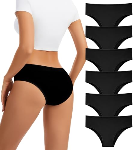 dmuveo Womens Cotton Underwear Hispter Black Panties Bikini Low Rise Soft Breathable Stretch Ladies Cheeky 6 Pack Plus Size 6 Medium