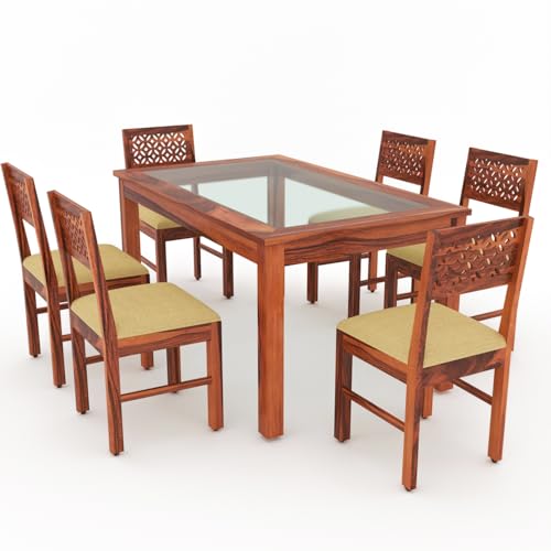 Image of Solid Sheesham Wood Dining Glass Top Table Set of 6| Wooden 6 Seater Dining Table with 6 Chairs with Cushion|Wood Dining Table & Chairs for Home, Restaurant, Dining Room |Honey Finish