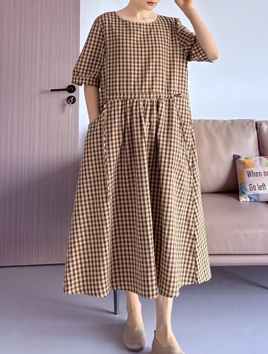 Minibee Women's Cotton Linen Dress Summer Short Sleeve Casual Plaid Flowy A-Line Midi Dresses with Pockets4
