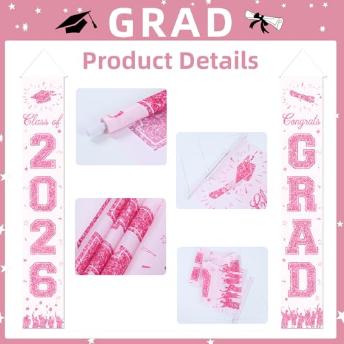 Image of 2026 Graduation Decorations, Light Pink Graduation Banner Class of 2026, Hanging Congratulations /Congrats Grad Porch Banner for Door Schools Grad Party Decorations Pink