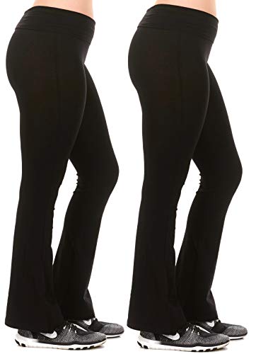 Cotton Stretchy Extra Long Active Pants Fold Over Waistband Flared Boot Leg Yoga Pants Running Pants, 2Pack, Black, Large