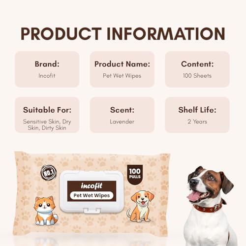 Image of Incofit Anti-Bacterial 100 Pulls Pet Wet Wipes for Dogs, Puppies, Cats, Rabbits & Small Pets | Powerful Odour, Vitamin E & Olive Oil | Anti-Itching | Cleansing, Deodorising & Grooming (Pack of 1)