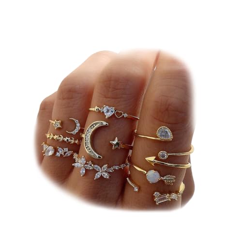 KISS WIFE Gold Stackable Moon Star Knuckle Rings Set for Women, Boho Dainty Lightweight Stacking Rings, Vintage Midi Rings Pack, Trendy Jewelry (Gold-Moon Star)