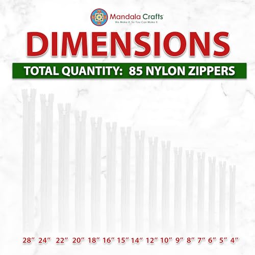 Image of Mandala Crafts 85 PCs White Assorted Lengths Nylon Zippers for Sewing