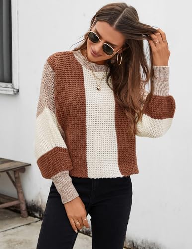 Image of Libsorge Womens Cute Color Block Waffle Ribbed Knit Lightweight Sweater Fall Winter 2024 Spring 2025 Trendy Ladies Dressy Casual Soft Cozy Crewneck Long Sleeve Thin Pullover Top Coffee Brown S
