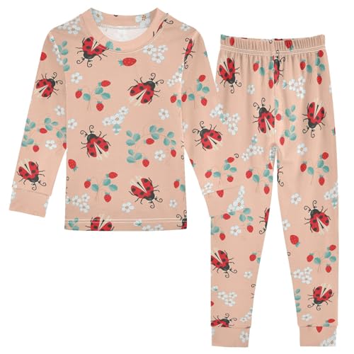 WIFIU Pajama Sets Long Sleeve Top and Pants Cartoon Ladybug Strawberry Fruits Printed, Soft Cotton Sleepwear 2 Piece Pjs Set for Home Casual Size 3T