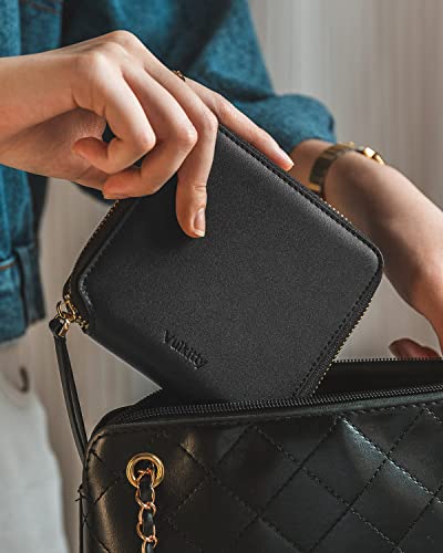 Image of Vulkitty Women Leather Wallet RFID Blocking Bifold Slim Coin Purse Credit Card Holder with Zipper Pocket Case, Black, Classic