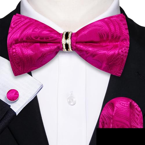 Image of YOHOWA Mens Bow Tie Set Paisley Pre-tied Bowties Adjustable with Handkerchief Cufflinks Gold Ring Set Wedding Prom Party
