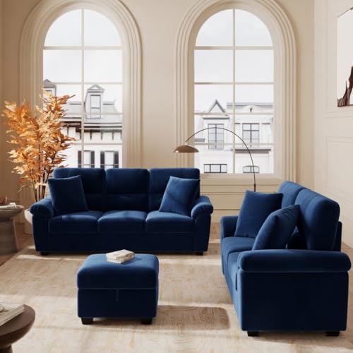 Image of Anderson Sofa Set for Living Room | Sectional Sofas | Premium Leather Sofa for Home Office | Leather Sofa Set | Leatherette Sofa (Blue Fabric, 3+2 Seater with Ottoman)