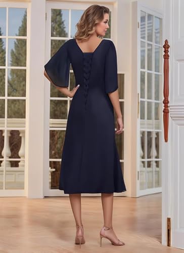 Women's Tea Length Mother of The Bride Dresses Chiffon Ruffles Short Sleeve Formal Dress for Wedding Guest4