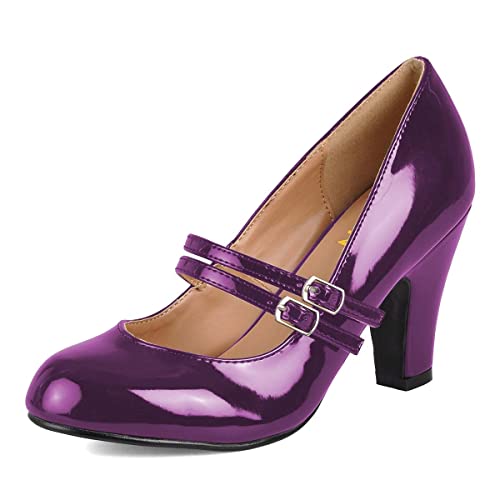 YDN Women Dressy Buckle Strap Pumps Round Closed Toe Mary Jane Mid Chunky Heels Shoes Party Prom Size 4-15 US