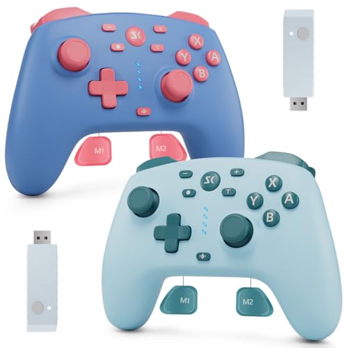Image of Wireless Switch Controller for Switch /Switch 2 /OLED /Lite /PC, 2 Pack Switch Pro Controllers with 2.4G Dongle, Hall Effect Joysticks & Triggers, Dual Rumble, Turbo & 2 Macro Back Buttons(Blue+Lake Blue)
