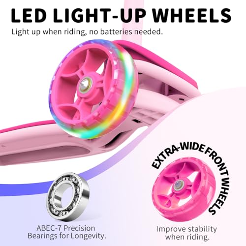 BELEEV Scooter for Kids Ages 3-12, 3 Wheel Folding Scooter for Toddlers Girls Boys, PU Light-Up Wheels, Adjustable Height, Lean to Steer, Three Wheel Kick Scooter for Children(Light Pink)