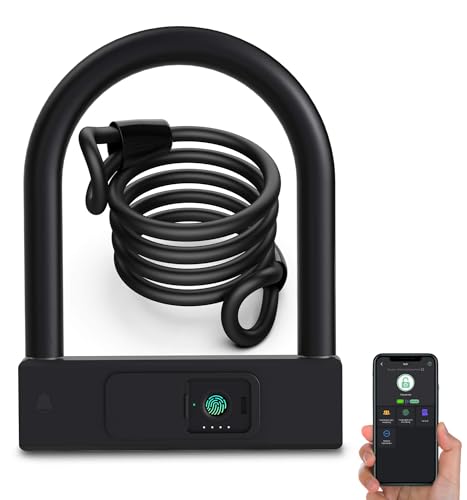 Anweller Fingerprint Bike U Lock with 5ft Security Steel Cable, Heavy Duty Anti Theft Bicycle Lock with Keys, Bike Accessories for Adult Bikes, E Bike, Scooter, Motorcycle, Fence, Gate