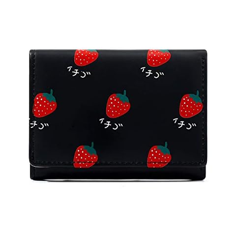 QAZSE Small Girls Trifold Wallet Cute Cartoon Stawberry Pattern PU Leather Coin Pocket Womens Cash Purse Black Color Cover