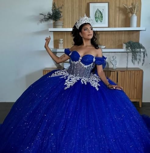 Mouccy Off Shoulder Quinceanera Dresses with Ruffles Layered XV Dresses for Quince Beaded Lace Sweet 15 16 Dresses with Bow3