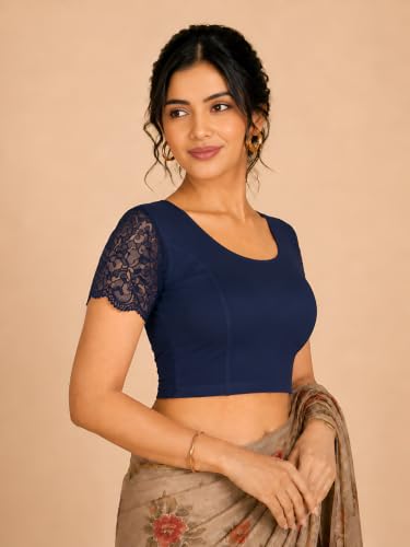 Image of Abhi Cotton Readymade Saree Blouse for Women- Half Net Sleeves, Round Neck, Regular-fit, Stretchable, Pull-on Style Blouse
