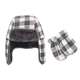 Hudson Baby Unisex Fleece Trapper Hat and Mitten Set, Charcoal White Plaid Baby, 0-6 Months