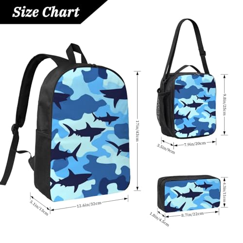 Backpack For Unisex, Water Resistant Backpack With Insulated Lunch Bag & Pencil Pouch (for Cool Blue Shark Camo)4