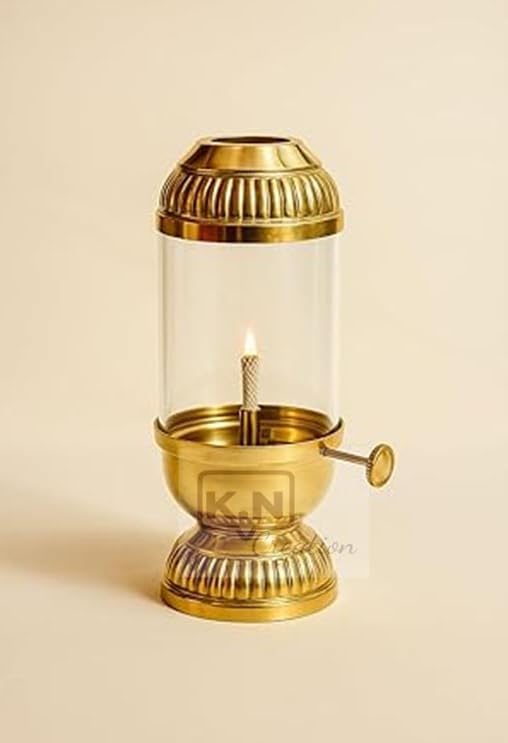 Image of K.N Creation Pure Brass Akhand Jyoti Diya Oil Lamp with Adjustable Bati Knob | Lifting Screw Wick Holder for Puja | Borosilicate Glass Cover (Small- Oil Capacity 80 ML) Stay Lit for 20 Hours