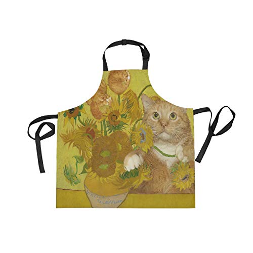 SoreSoreエプロン 女性用 H型 かわいい キッチンエプロン おもしろ 個性 イエロー ゴッホ 猫柄 向日葵 可愛い かわいい おしゃれ 前掛け 首掛け 防水 ポケット付 料理 カフェ 保育士 家庭用 メンズ用 男女兼用