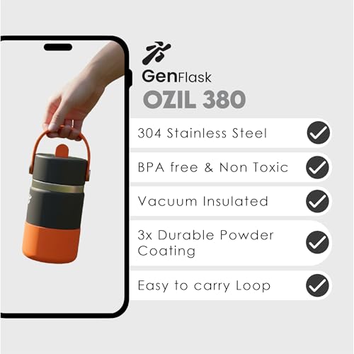 Image of VBOTT GENFLASK-Ozil -380 ml|Thermosteel Flask with Straw Sipper & Carrying Loop| SS 304 Water Bottle|Hot /Cold-18 /24 hrs|Insulated Bottles|Dark Grey /Orange Colour|Multipurpose