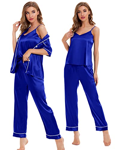Image of SWOMOG Womens Silk Satin Pajamas Sets 4pcs Sleepwear Sexy Cami Shorts Set and Button Down Short Sleeve Pjs Loungewear Blue Small