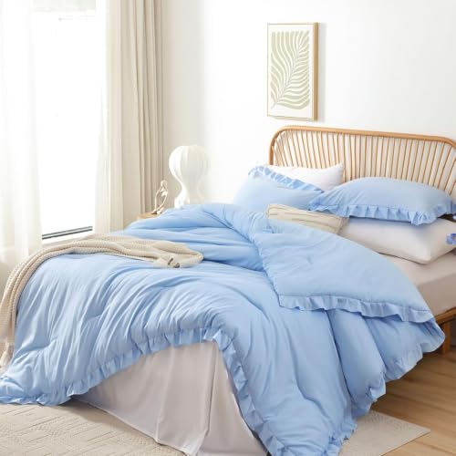 Image of JANZAA Light Blue Comforter Set Full - Soft Microfiber, Lightweight All Season Bedding, Ruffle Shabby Chic Aesthetic, Breathable Cozy Bed Set with 2 Pillow Shams, Machine Washable