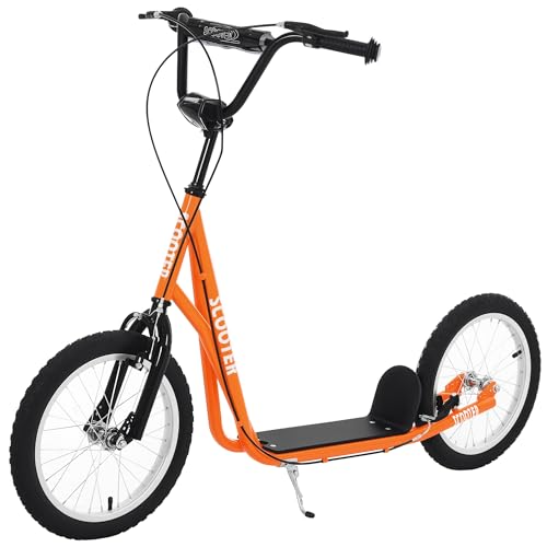 HOMCOM Scooter Patinete para Niños +5 Años y Adolescentes con Manillar Ajustable en Altura 2 Neumáticos de Caucho Inflable con Doble Freno y Ruedas 16' Carga 100 kg 139x58x90-96 cm Naranja