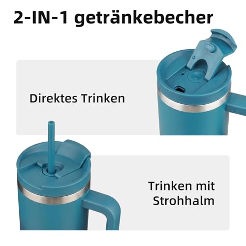 BJPKPK 1200 ml Isolierter Edelstahl-Becher mit Griff, Deckel und Strohhalm – Wiederverwendbarer Thermobecher für Reise, Kaffee und Tee, Indigo Schwarz 6