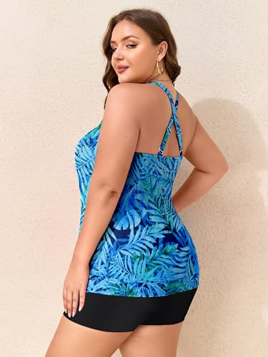Women Plus Size Tankini Swimsuits with Shorts Tummy Control Two Piece Blouson Bathing Suits High Neck Swimwear3