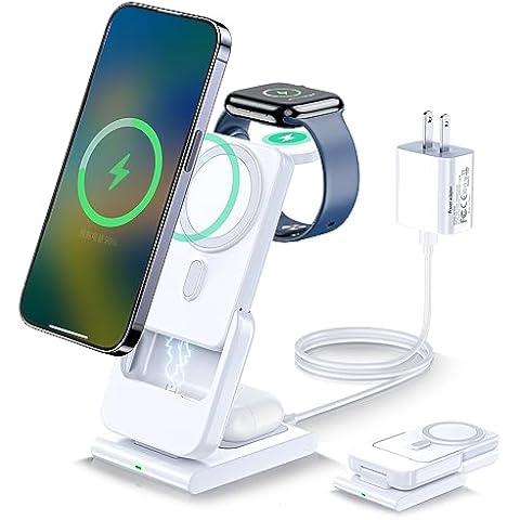 HUOTO Magnetic Battery,5000mAh Foldable Wireless Portable Charger with Stand for iPhone/Apple Watch/Airpods,Travel Fast Charging Battery Pack for Magsafe/iPhone 16/15/14/13/12 Series 20W Adapter Cover