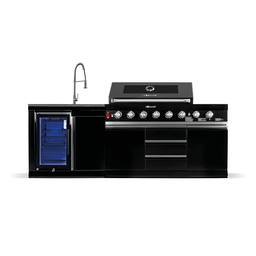 GORILLER BLACKBACK S1 Cocina al aire libre, parrilla de gas XXL con carcasa de acero inoxidable, nevera integrada, grifo, color negro