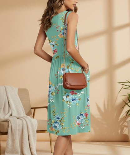 Image of NILOUFO Sleeveless Dress for Women Summer Knee Length Sundress with Pockets | Sundresses for Women Tank Empire Waist Sun Dress Cold Shoulder Casual V Neck Midi Dress Flowy Summer Dresses for Women