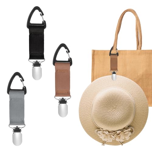 3 PCS Travel Hat Clip for Handbags, Backpacks, and Luggage, Elastic and Magnetic Hat Holder, Multifunctional Duckbill Clip, Outdoor Travel Accessory for Women, 3 Colors (Black, Khaki, Grey)