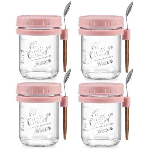 Image of LANDNEOO 4 Pack Overnight Oats Containers with Lids and Spoons, 16 oz Glass Mason Jars with Airtight Lids, Overnight Oats Jars for Milk, Cereal, Fruit-Pink