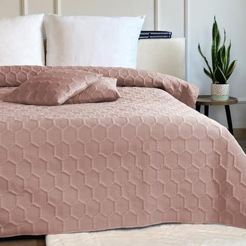 Euromat Tagesdecke Steppdecke Bettüberwurf Gesteppte Zweiseitig Tagesdecke mit 2 Kissenbezüge 40x40 cm- (Puderrosa- Parla 3D, 220x240 cm)