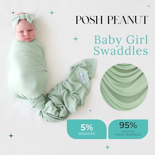 Image of Posh Peanut Swaddle Blanket & Headband Set - Viscose from Bamboo Stretchy Baby Swaddle for Newborn Girls, Receiving Blanket or Nursing Cover (Sage)
