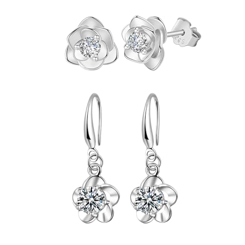 Hinvan 2 Pares Pendientes Flor de Plata de Ley 925 para Mujer Niña Hipoalergénicos Pendientes Colgantes Plata de Flores Rosa con 5A+Circonita Cúbica Cartílago Regalos de Joyería
