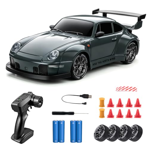 Image of RC Drift Car 1 /24 Widebody Grey Remote Control Drift Car for Adults | 4WD 20KM /H High Speed RC Sports Cars with LED Lights, Extra Racing Tires, Vehicle for Boys Kids Beginners Indoor Outdoor