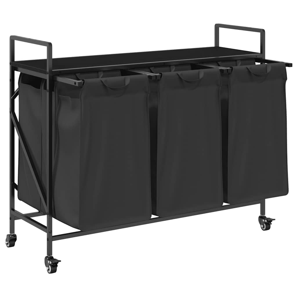 Wäschekorb 3 Fächer mit Rädern, ausziehbare Wäschesäcke aus 100 Prozent Polyester, Stahlrahmen und Holzwerkstoff, 99 x 33 x 82 cm, für Waschküche und Schlafzimmer