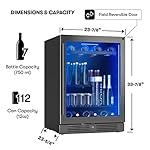 Zephyr 24" Wine Fridge & Beverage Refrigerator Single Zone Under Counter - Mini Wine Cooler Cellars Small Beer Cabinet Drink Chiller Freestanding with French Glass Door Black, 7 Bottles, 112 Cans - Image 3