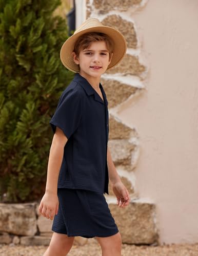 Image of Arshiner Boys 2 Pieces Summer Beach Outfits Short Sleeve Button Down Shirts and Shorts Vacation Texture Sets for Kids