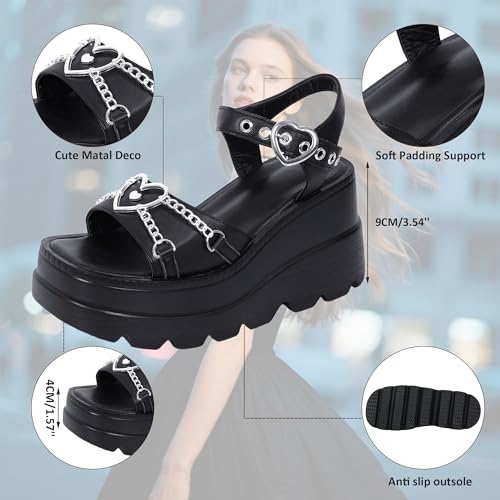 Image of Gothniero women black platform sandals goth chunky wedge heel summer sandals girls gothic punk platform sandals for women metallic spider buckles slides size 5.5-11